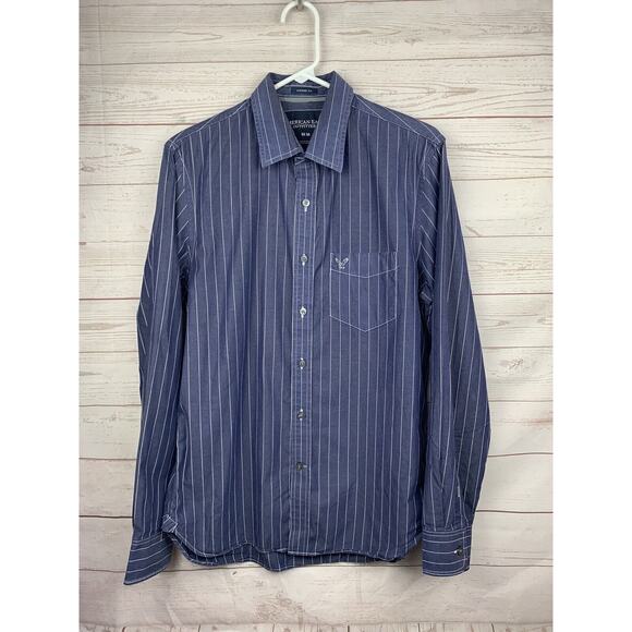 American Eagle Shirt Mens Medium Blue Vintage Fit‎ Button Up Long Sleeve Striped - Picture 1 of 6